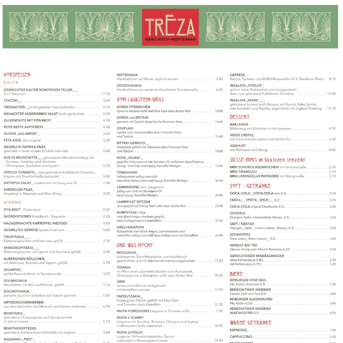 Speisekarte, Treza Griechisch Mediterran