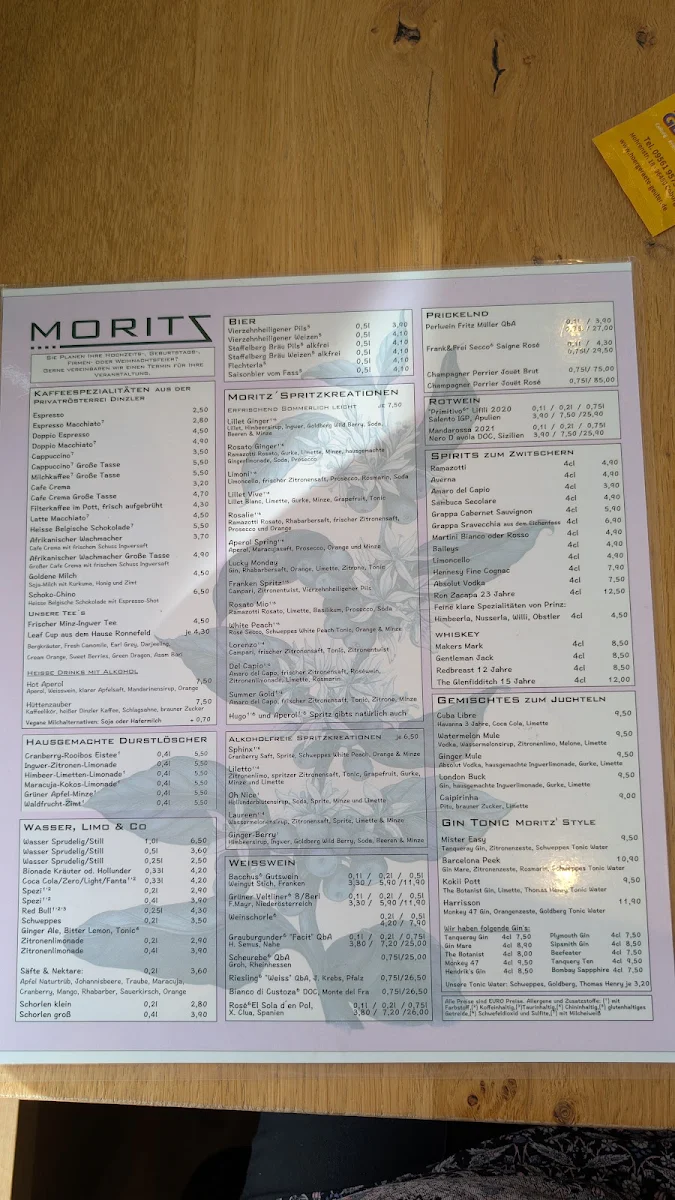 Speisekarte, Cafe Moritz
