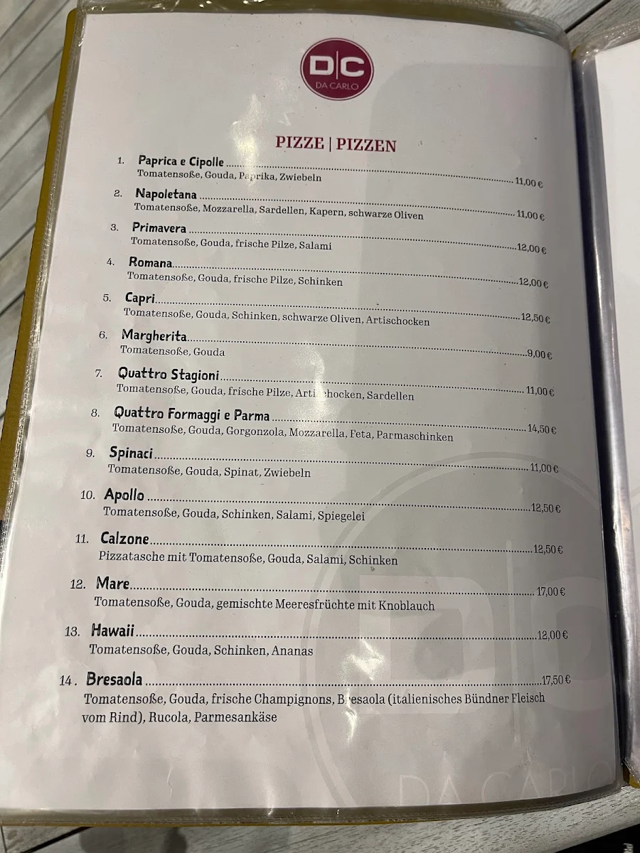 Speisekarte, Ristorante Da Carlo