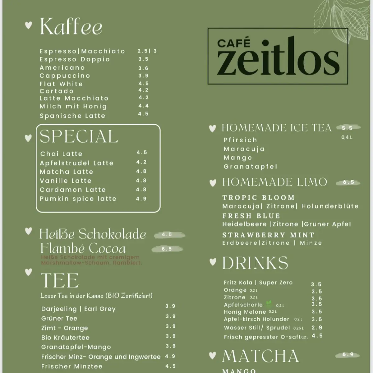 Speisekarte, Café Zeitlos
