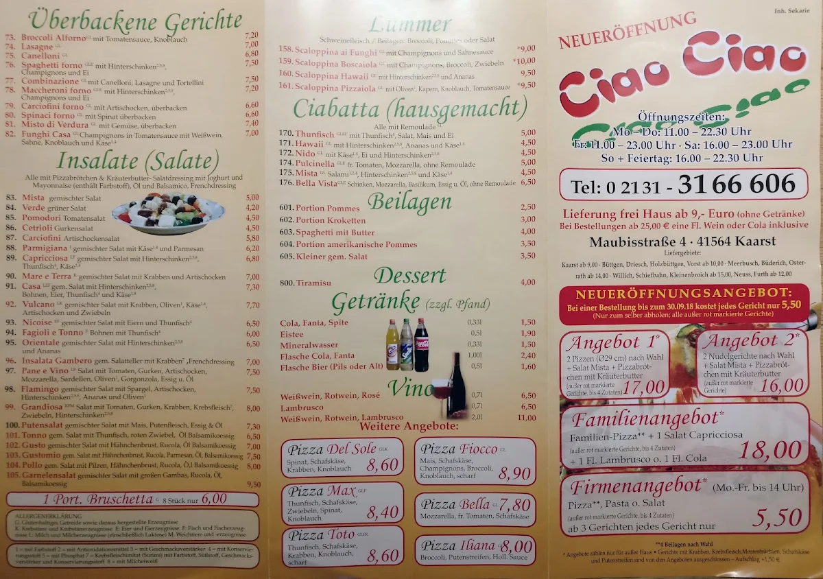 Speisekarte, Pizzeria Ciao Ciao