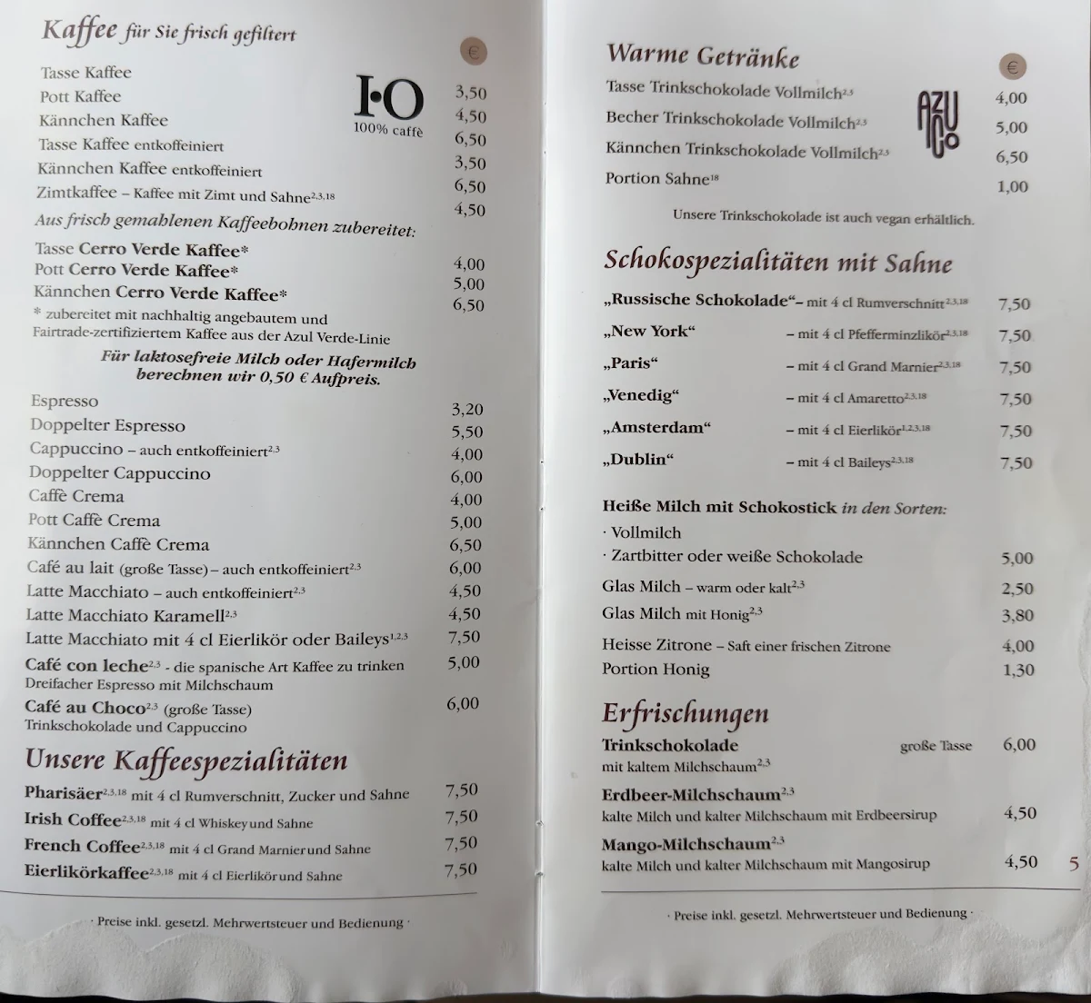 Speisekarte, Café Bäckerei Schult