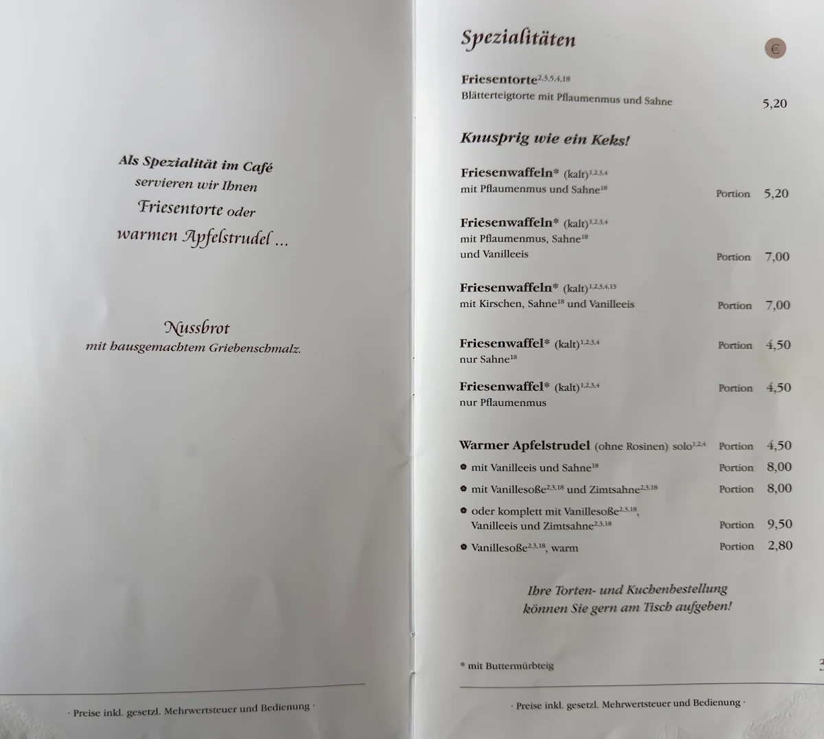 Speisekarte, Café Bäckerei Schult