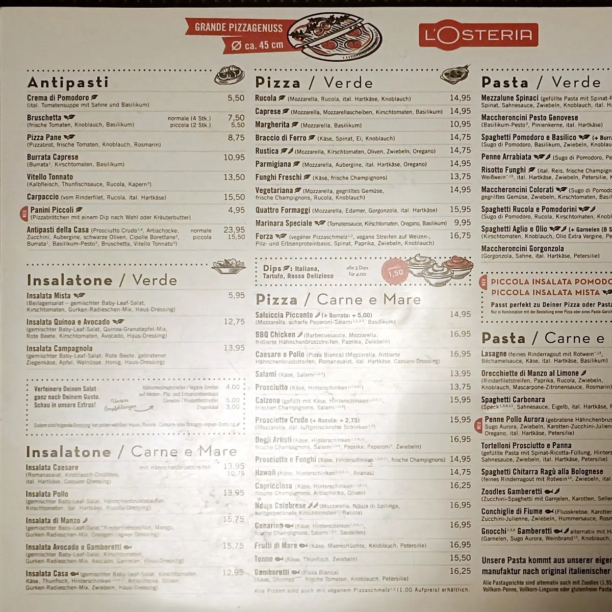 Speisekarte, L'Osteria Pforzheim