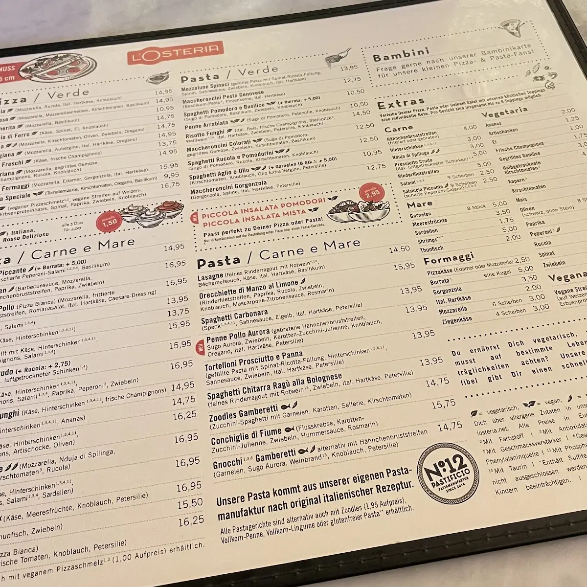 Speisekarte, L'Osteria Pforzheim