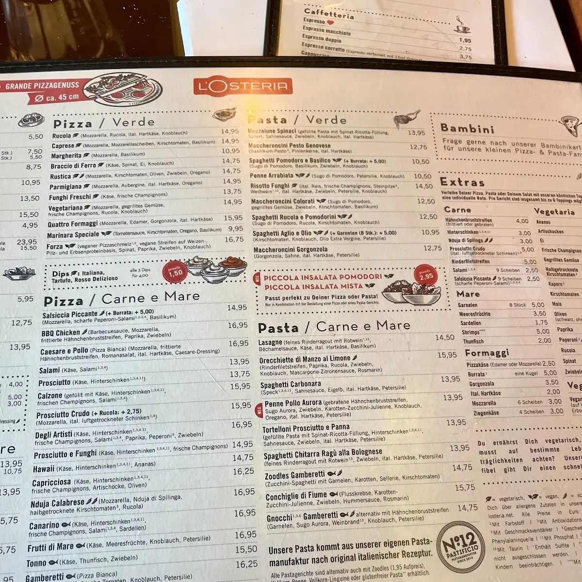 Speisekarte, L'Osteria Pforzheim