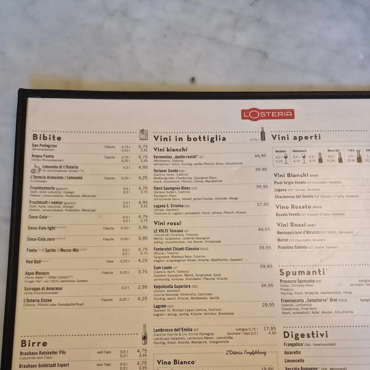 Speisekarte, L'Osteria Pforzheim