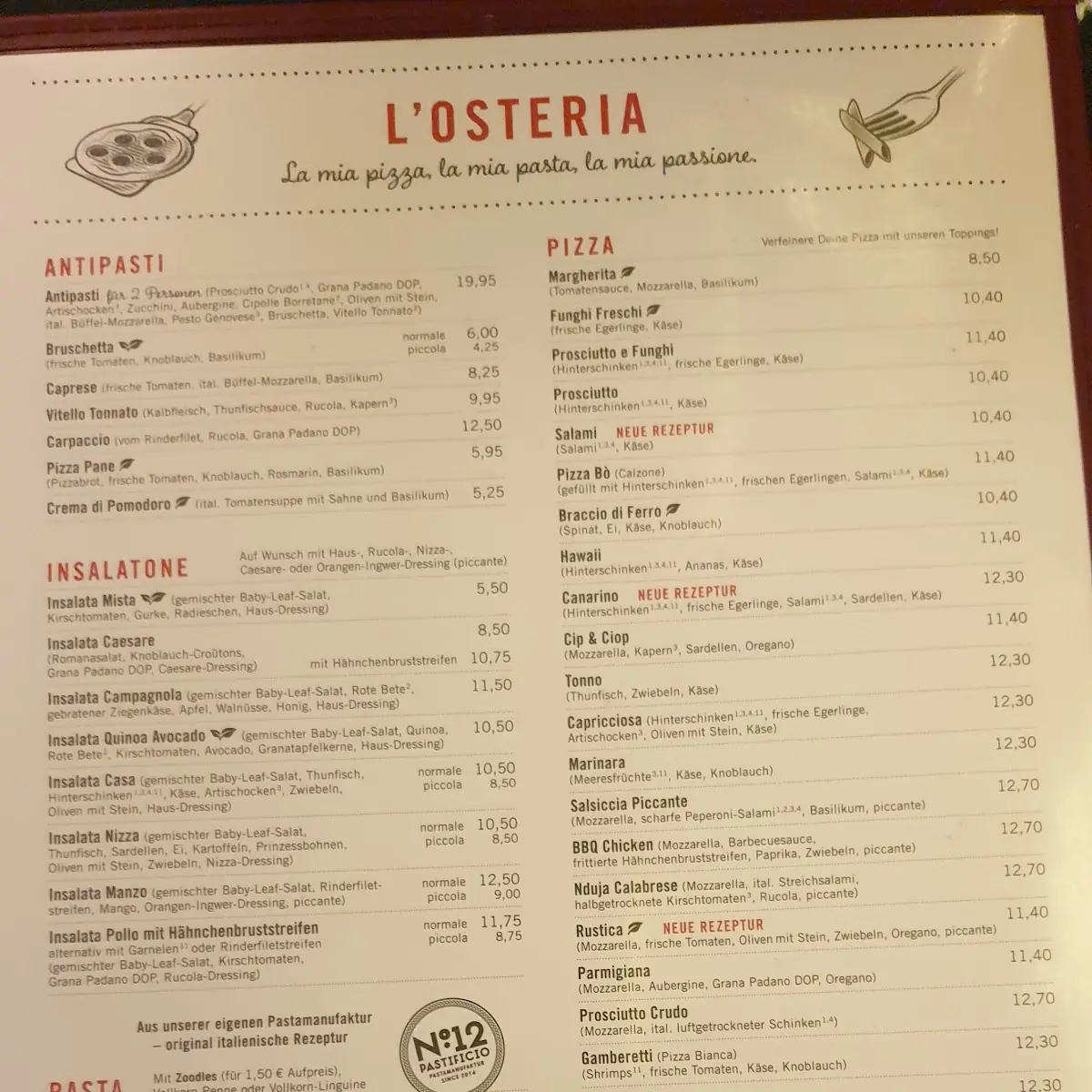 Speisekarte, L'Osteria Pforzheim