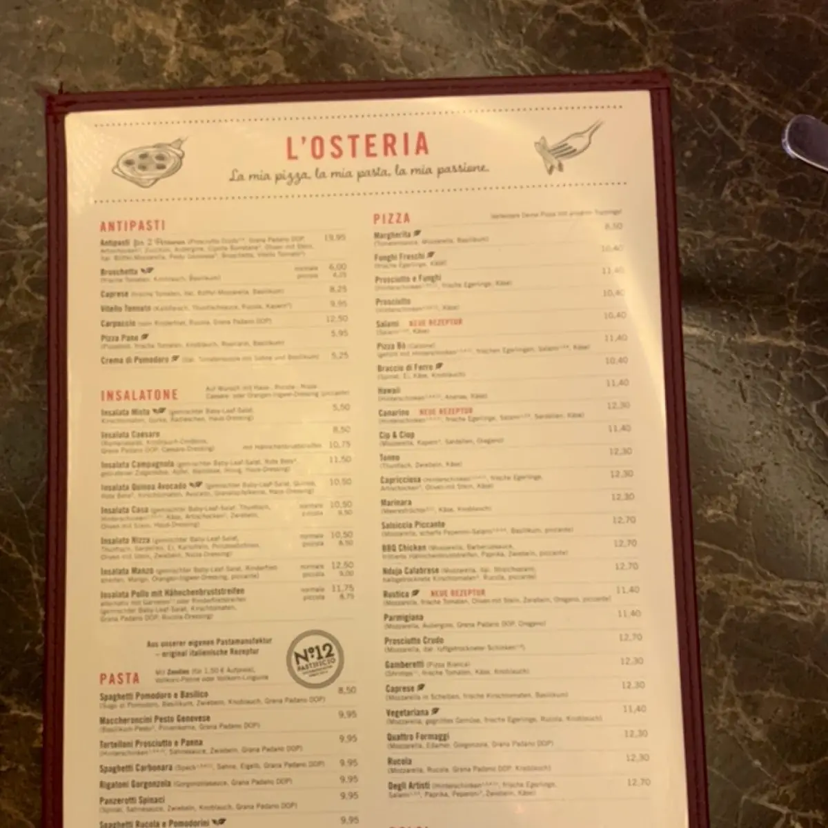 Speisekarte, L'Osteria Pforzheim