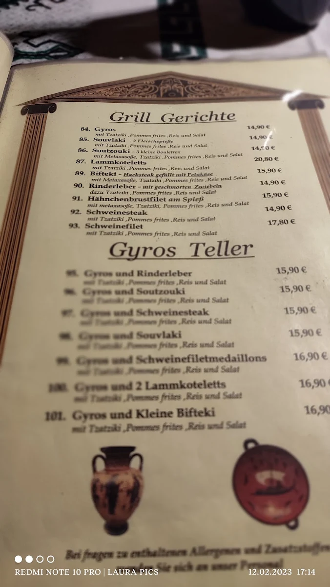 Speisekarte, Griechisches Restaurant Dionysos - am Zabel Krüger Damm