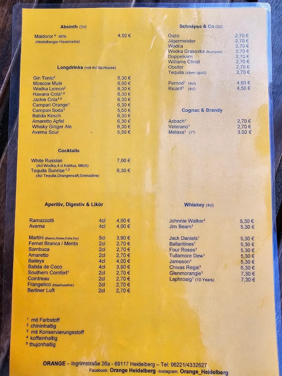 Speisekarte, Orange Bar