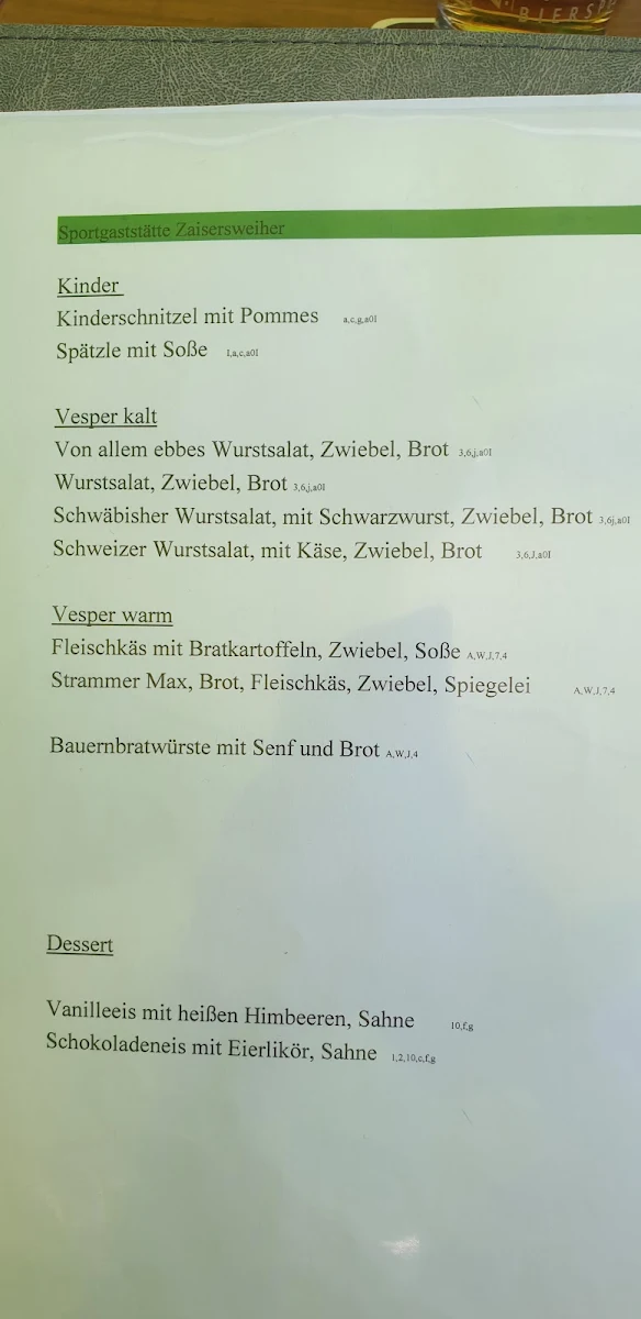 Speisekarte, Clubhaus Zasch