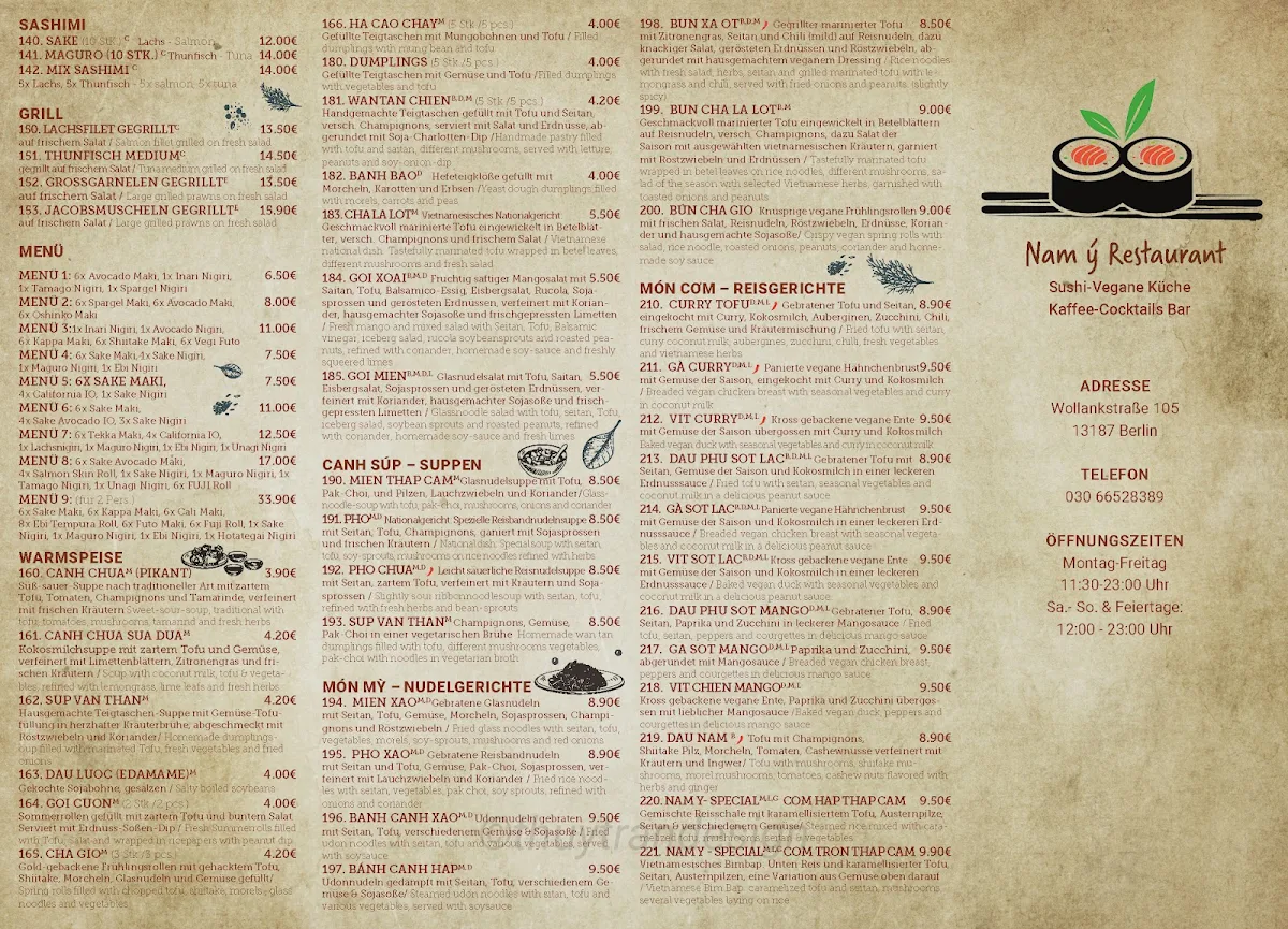 Speisekarte, Nam Y Restaurant