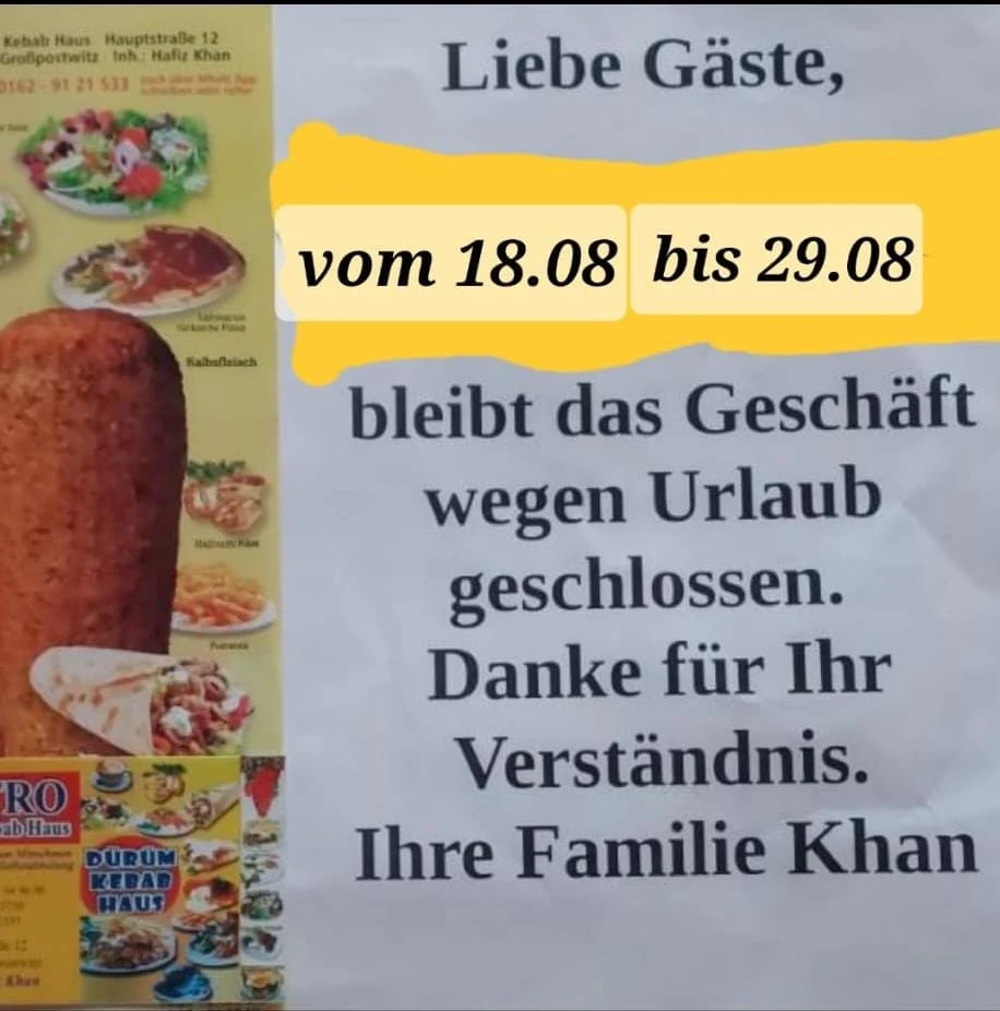 Speisekarte, Döner - Dürüm Kebab Haus Großpostwitz