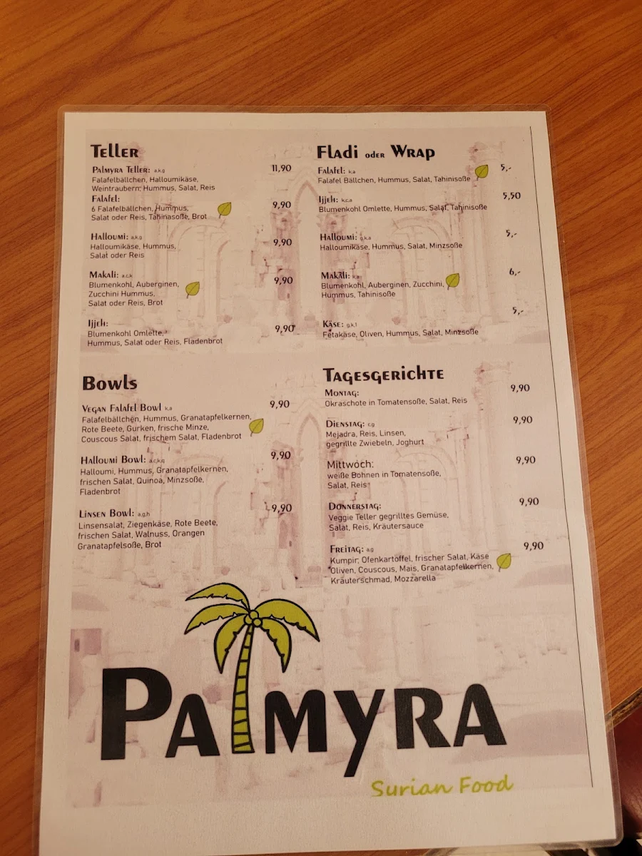 Speisekarte, Restaurant Palmyra