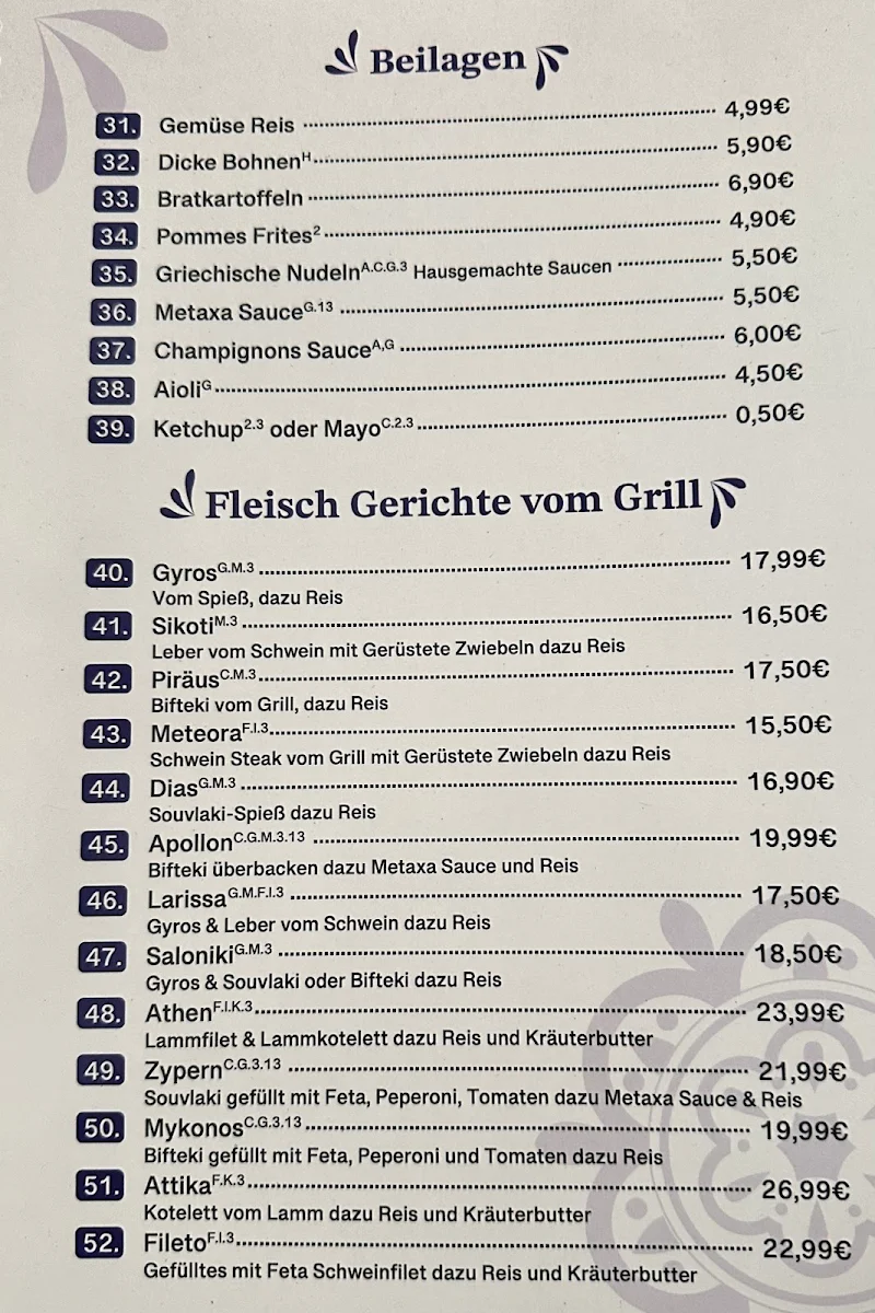 Speisekarte, Restaurant Santorini