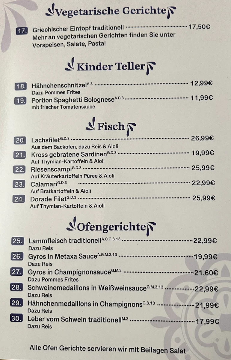 Speisekarte, Restaurant Santorini