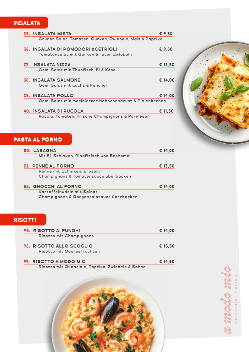 Speisekarte, A Modo Mio Ristorante & Pizzeria - Italienisches Restaurant Dülmen