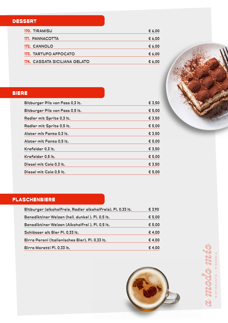 Speisekarte, A Modo Mio Ristorante & Pizzeria - Italienisches Restaurant Dülmen