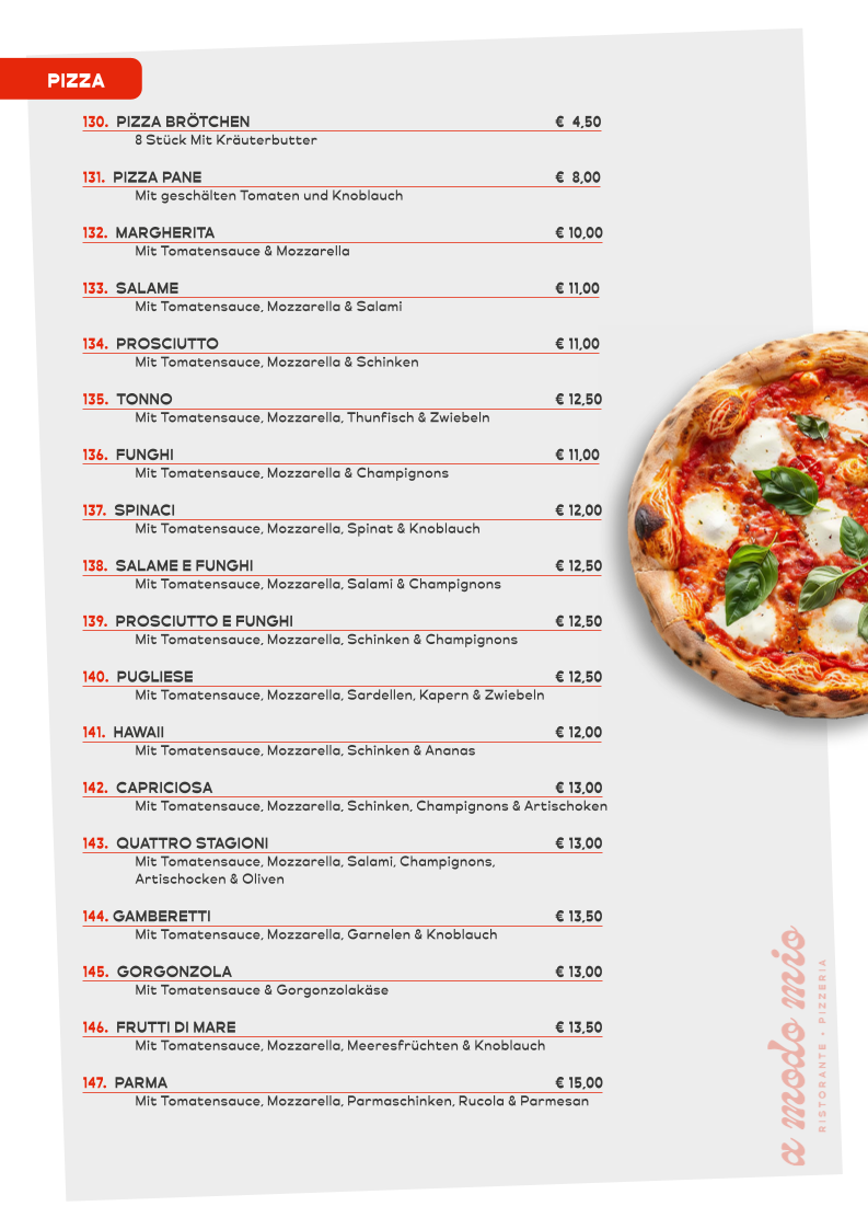 Speisekarte, A Modo Mio Ristorante & Pizzeria - Italienisches Restaurant Dülmen