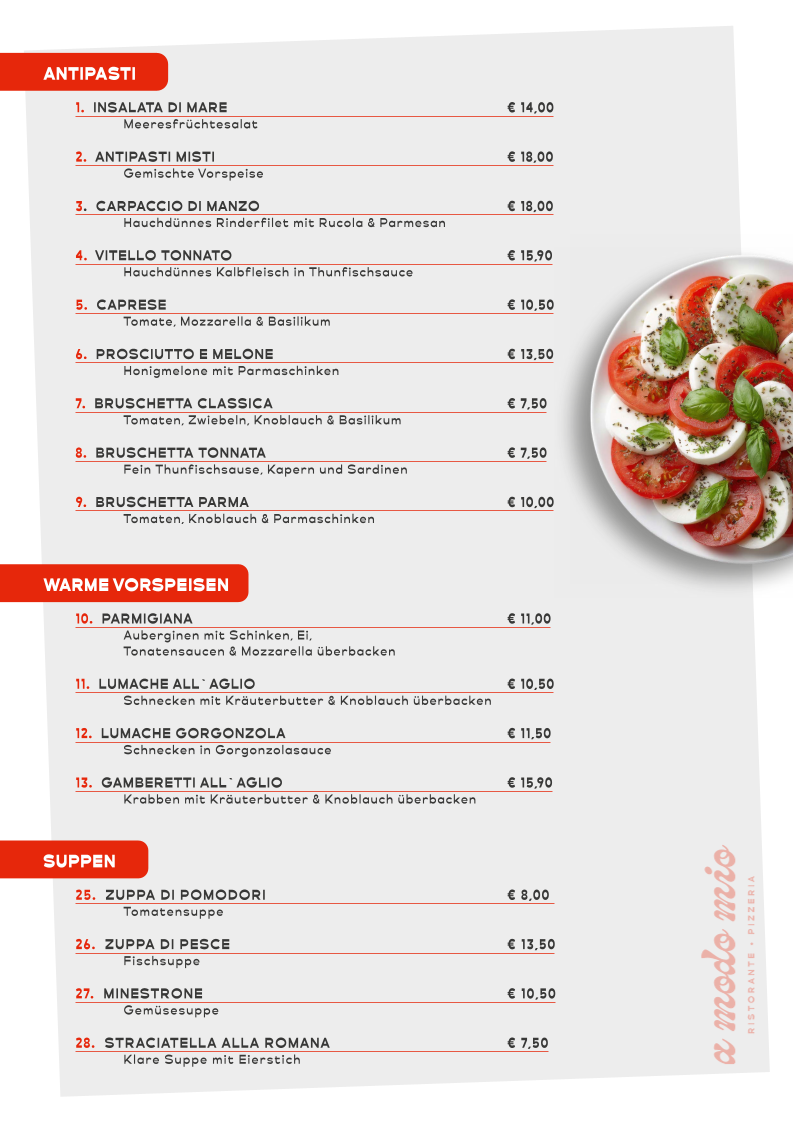 Speisekarte, A Modo Mio Ristorante & Pizzeria - Italienisches Restaurant Dülmen