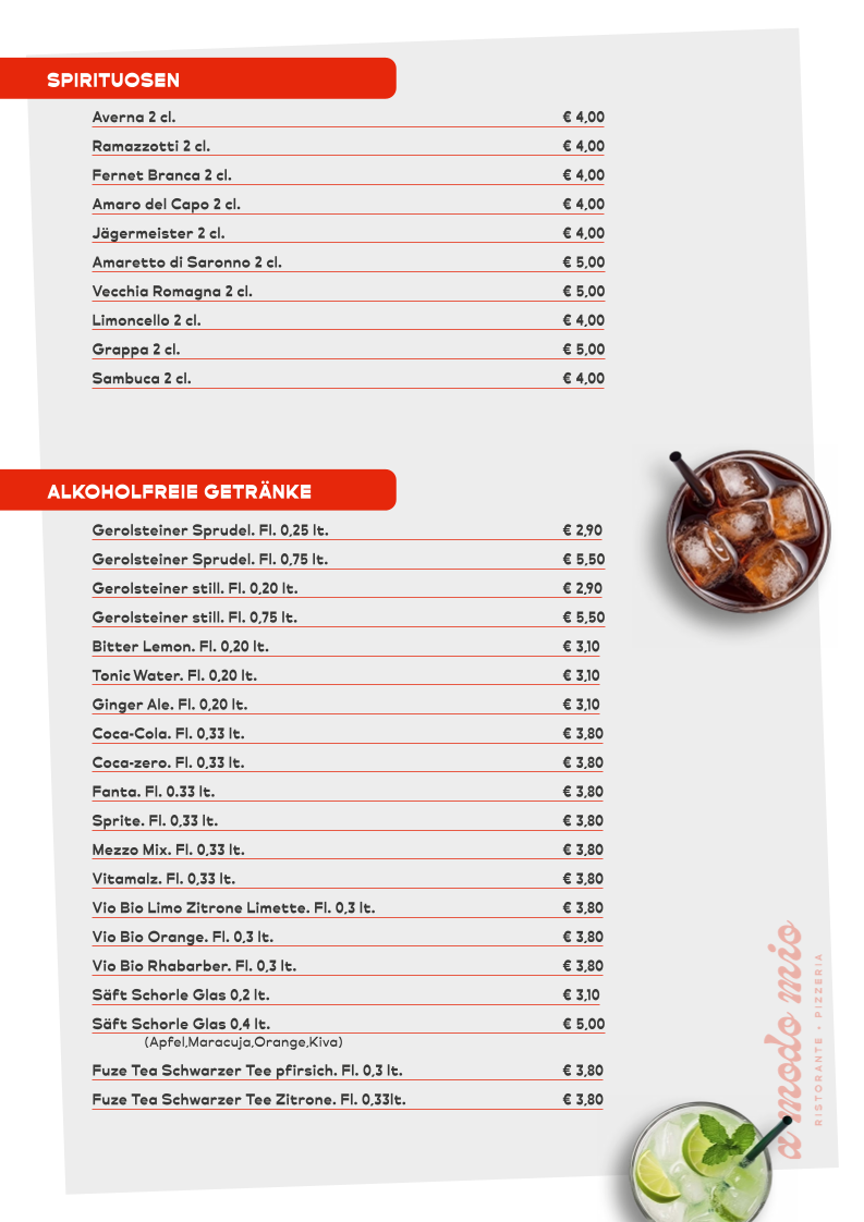 Speisekarte, A Modo Mio Ristorante & Pizzeria - Italienisches Restaurant Dülmen