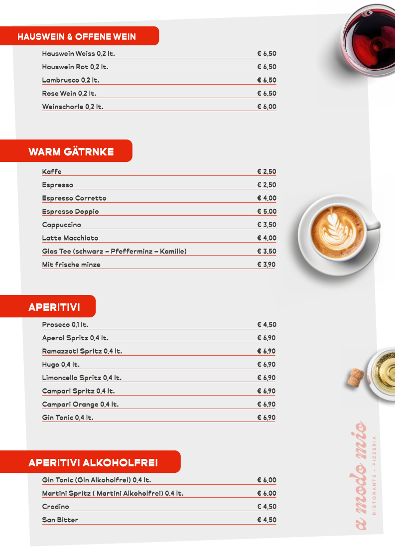 Speisekarte, A Modo Mio Ristorante & Pizzeria - Italienisches Restaurant Dülmen