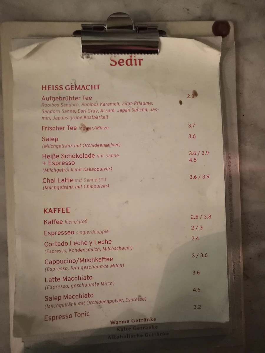Speisekarte, Sedir Café & Bar