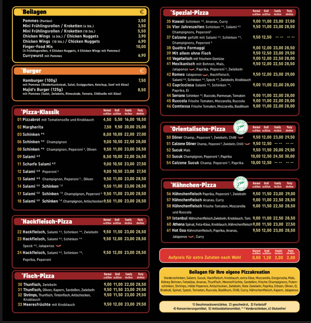 Speisekarte, Majid’s Pizza Anhausen