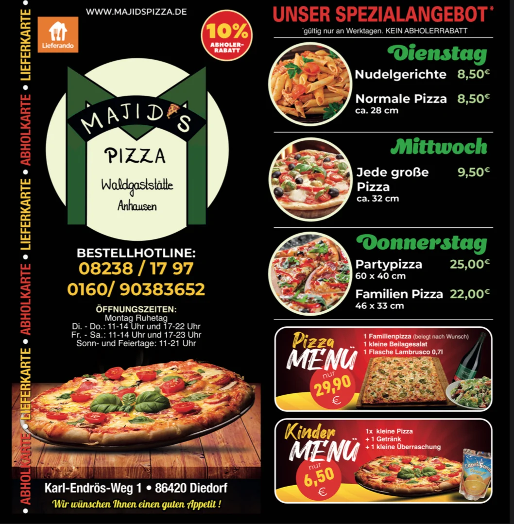 Speisekarte, Majid’s Pizza Anhausen