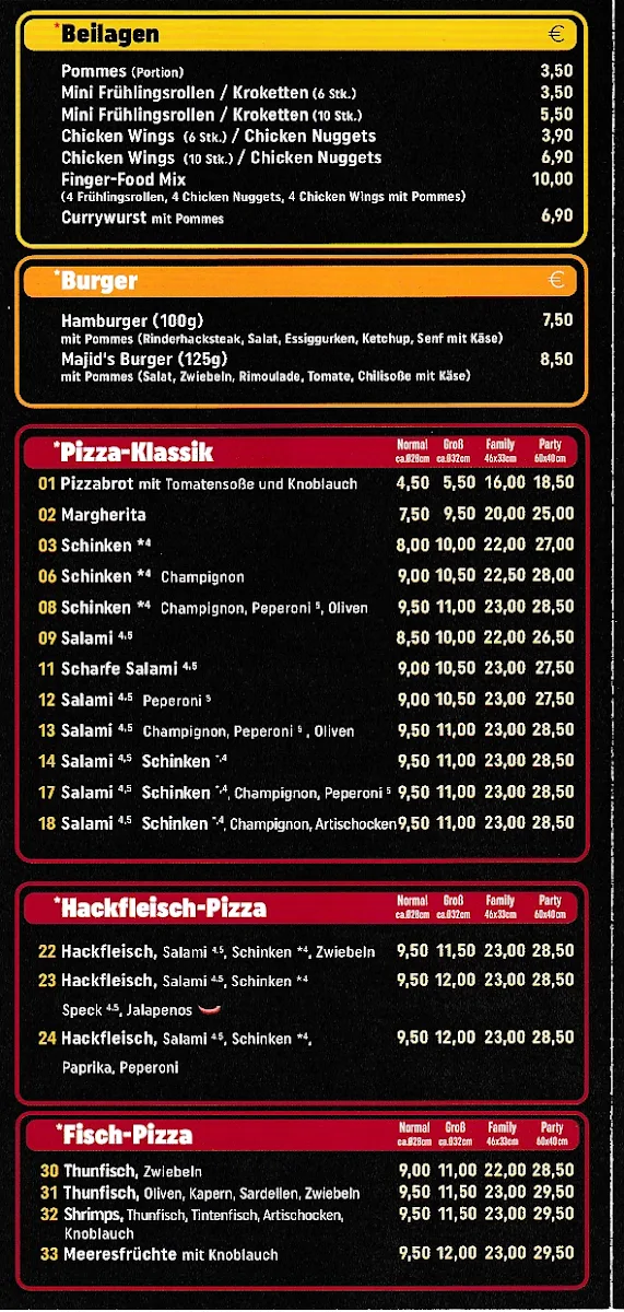 Speisekarte, Majid’s Pizza Anhausen