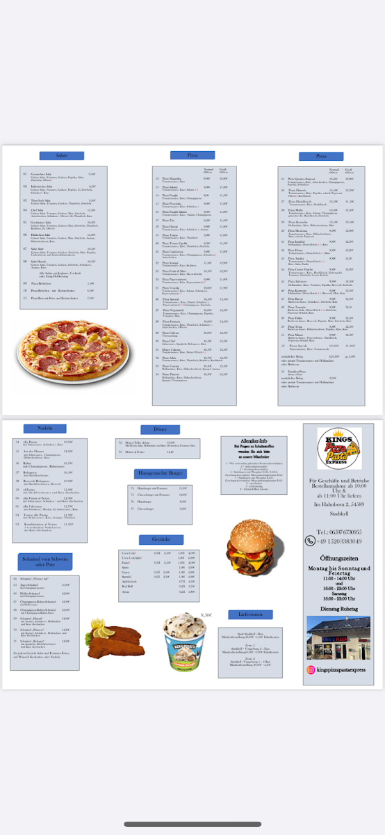 Speisekarte, King's Pizza Pasta Express