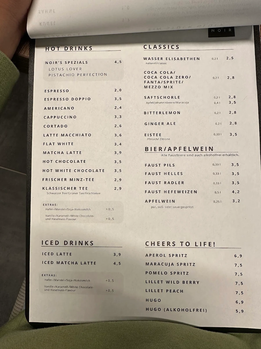 Speisekarte, Café Noir