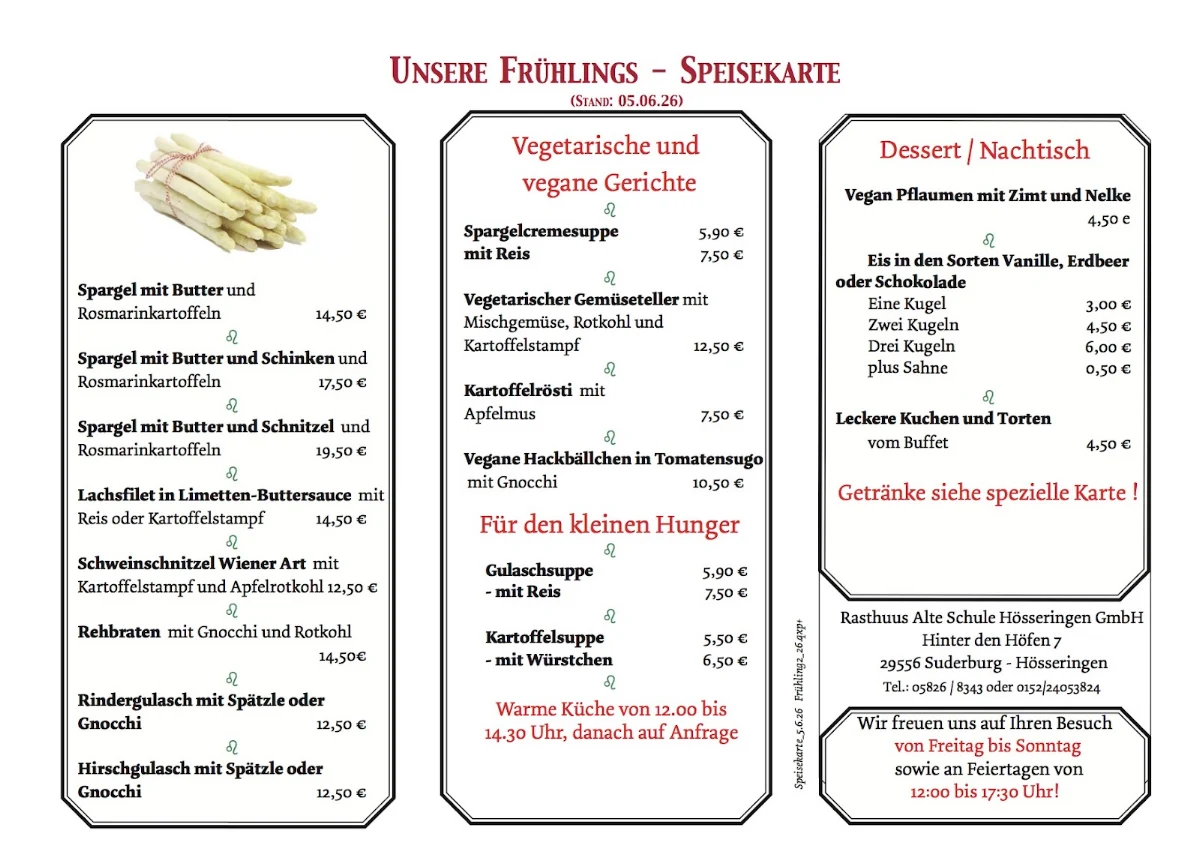 Speisekarte, Rasthuus Alte Schule Hoesseringen