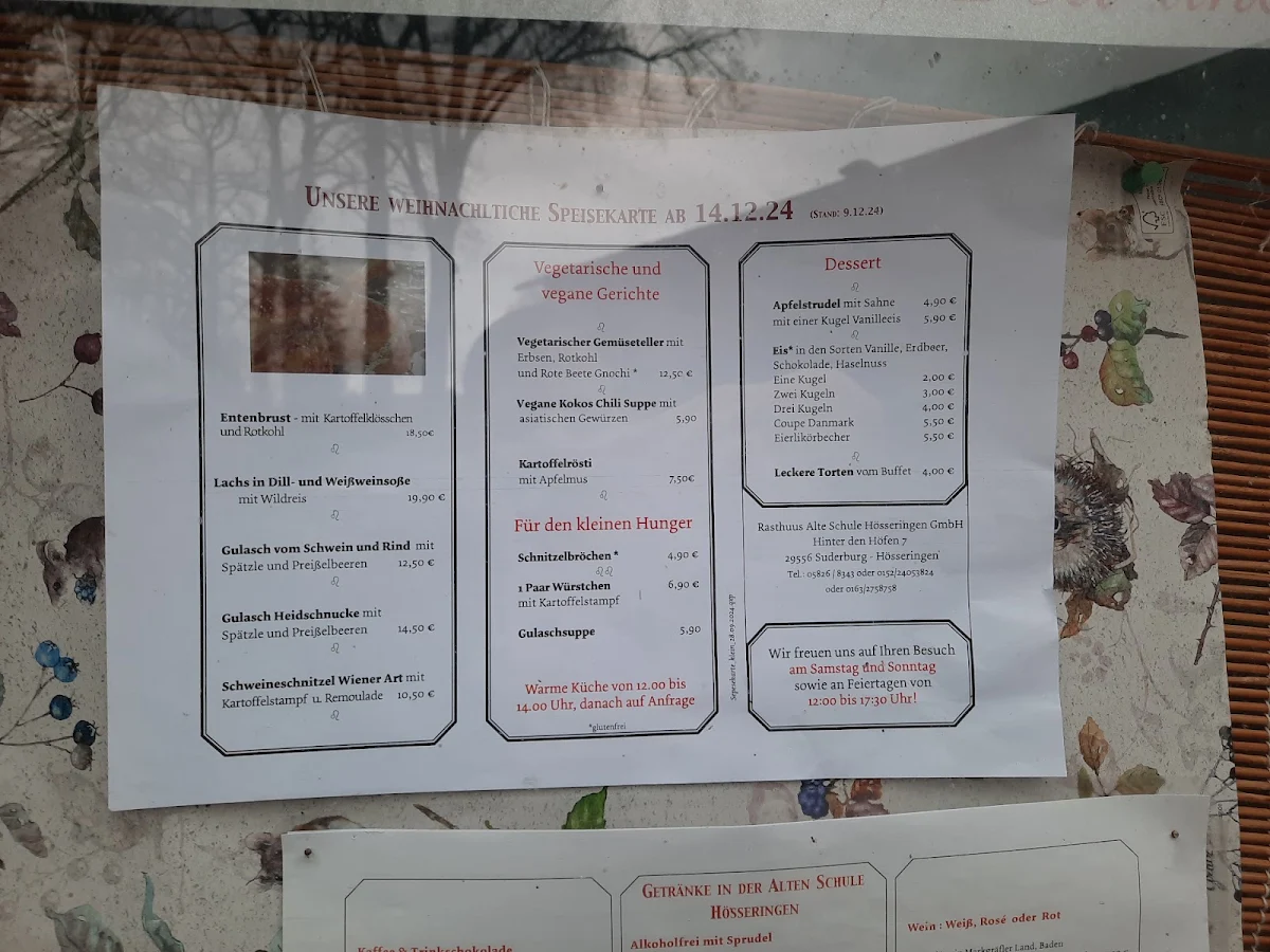 Speisekarte, Rasthuus Alte Schule Hoesseringen