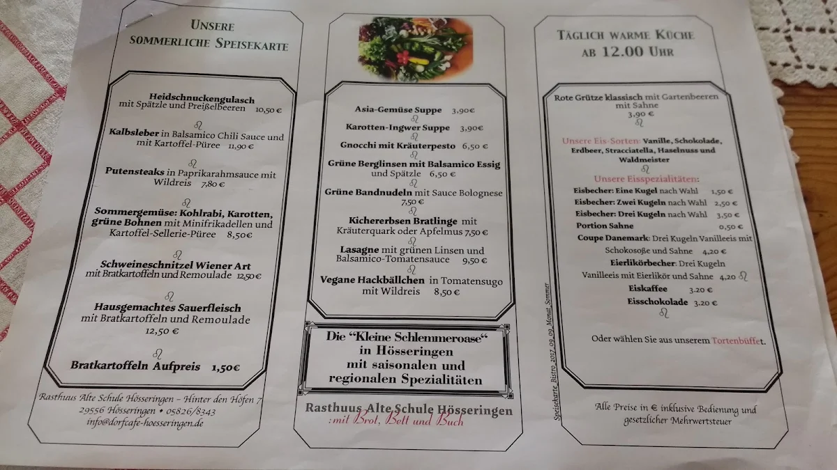 Speisekarte, Rasthuus Alte Schule Hoesseringen