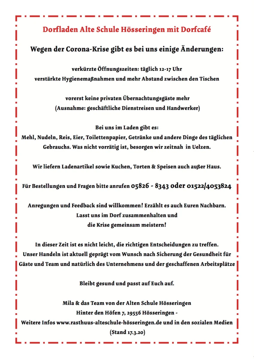 Speisekarte, Rasthuus Alte Schule Hoesseringen
