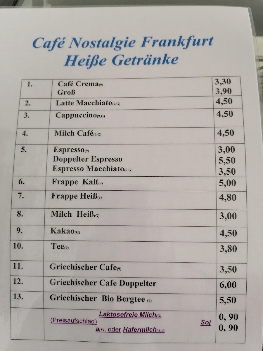 Speisekarte, Cafe Nostalgie Frankfurt