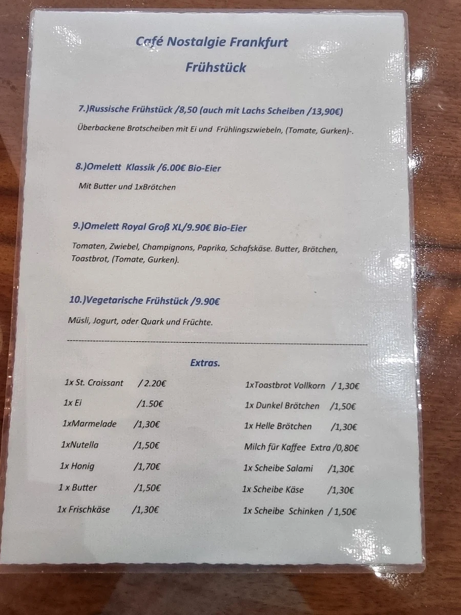 Speisekarte, Cafe Nostalgie Frankfurt