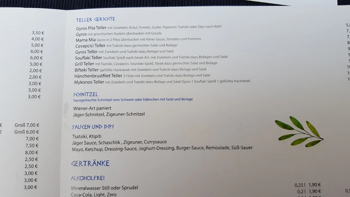 Speisekarte, Mykonos-Grill