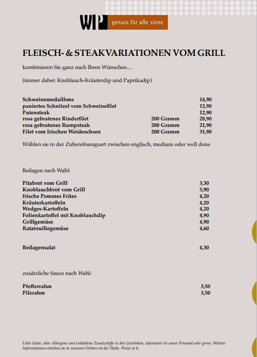Speisekarte, WIP - Genuss für alle Sinne