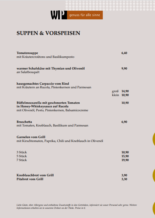 Speisekarte, WIP - Genuss für alle Sinne