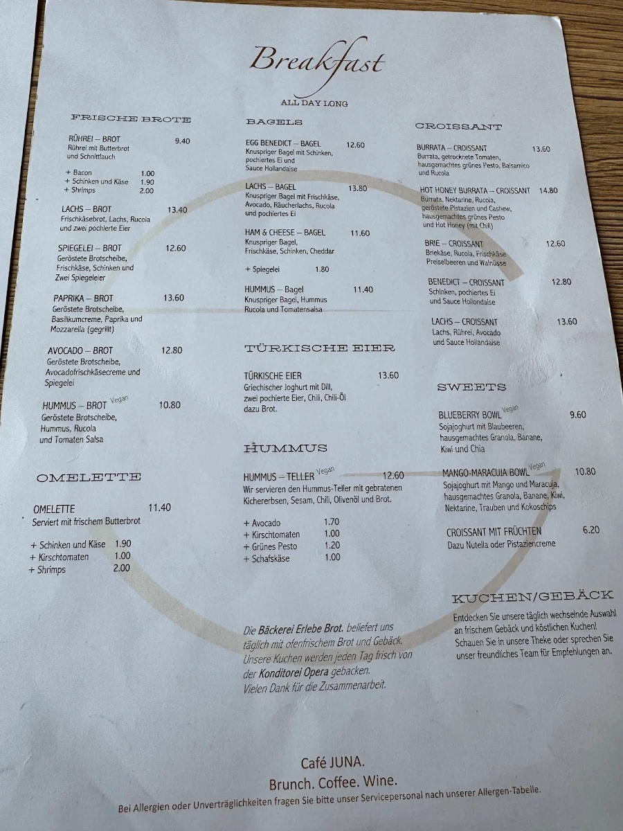 Speisekarte, Café JUNA.