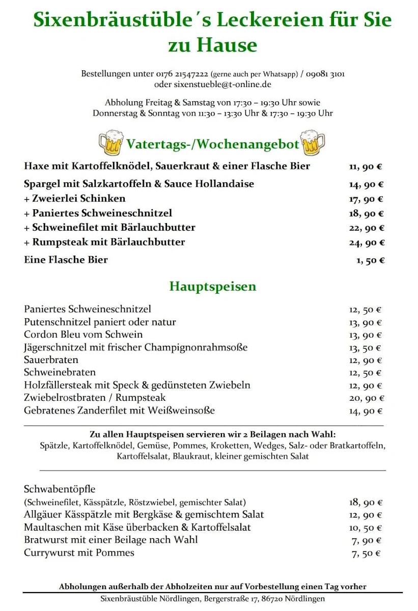 Speisekarte, Sixenbräustüble- Schleehuber Nicole