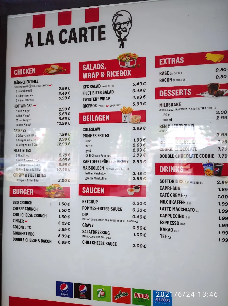 Speisekarte, Kentucky Fried Chicken