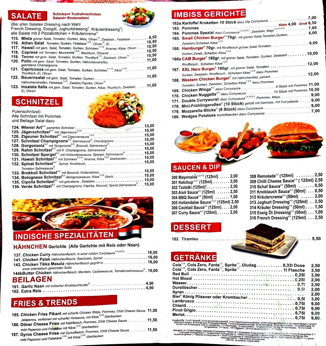 Speisekarte, Uno pizzeria