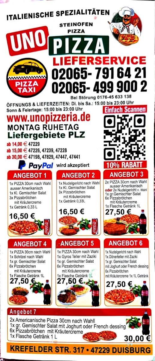 Speisekarte, Uno pizzeria