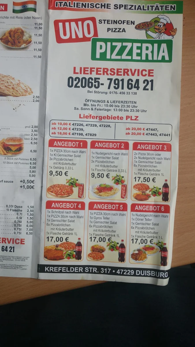 Speisekarte, Uno pizzeria