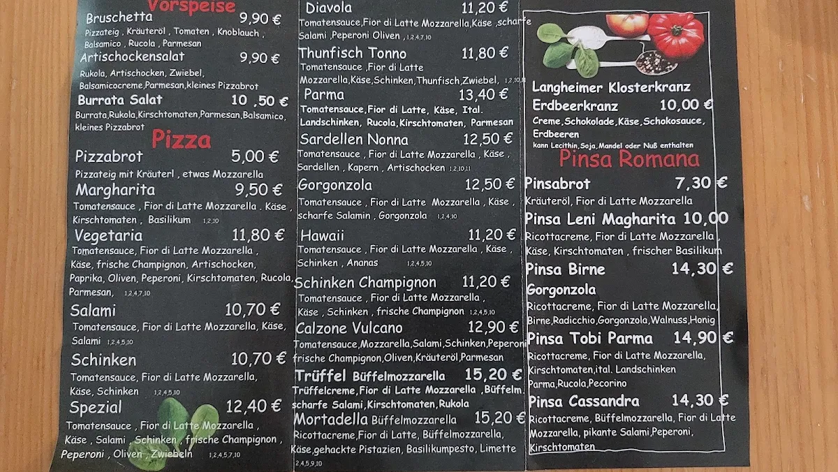 Speisekarte, Andresini Pinseria Pizzeria