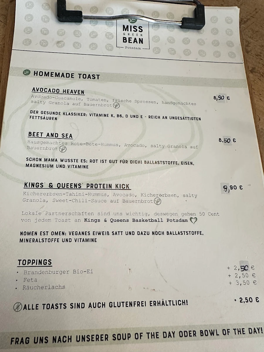 Speisekarte, Café Miss Green Bean